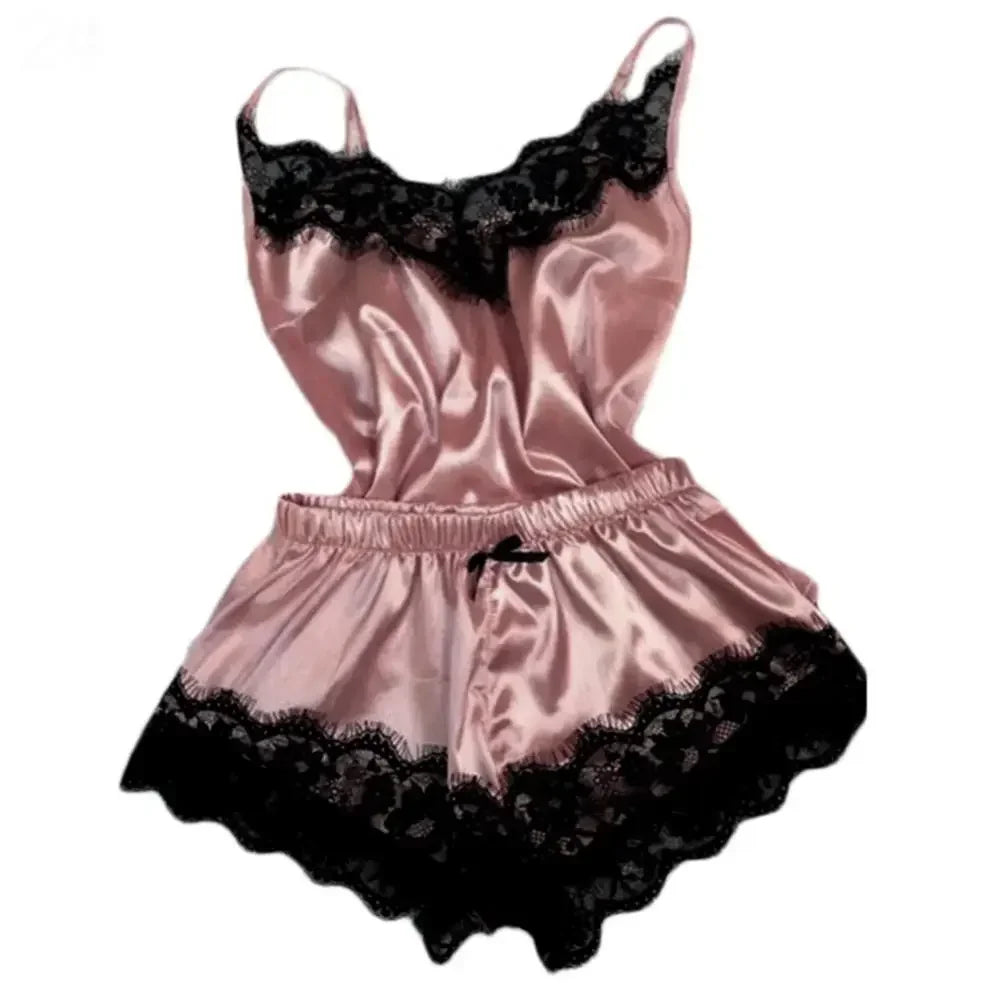 Women Lace Silk Pajamas Sleepwear Pajama Set Camisole Shorts Gray Pink Low Cut Comfortable Casual Summer Pijama