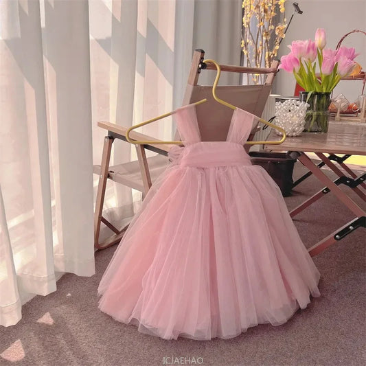 2025 Pink Girls Birthday Princess Dress Children Clothes Costume Bow Tutu Gown Piano Recital Pageant Outfit Kids Party Clothes