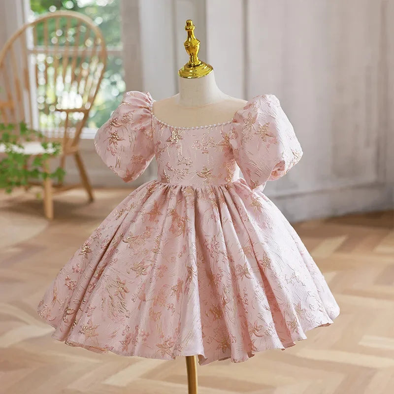 Pink Girls Princess Dress for Birthdays Weddings Flower Girl Gown Party Performance Outfit Festive Tutu Eid Celebration Clothes