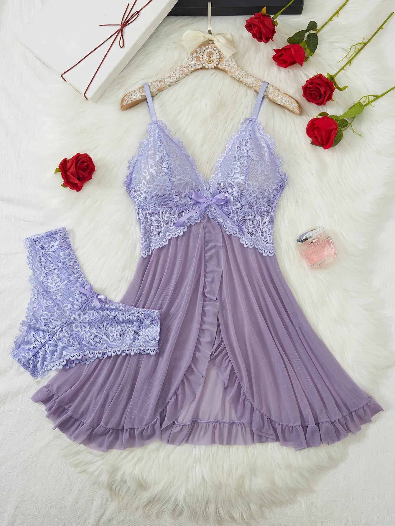 2-pcs sexy pink lace pajama set transparent split nightgown dress with underwear thin thong elegant women's pajamas