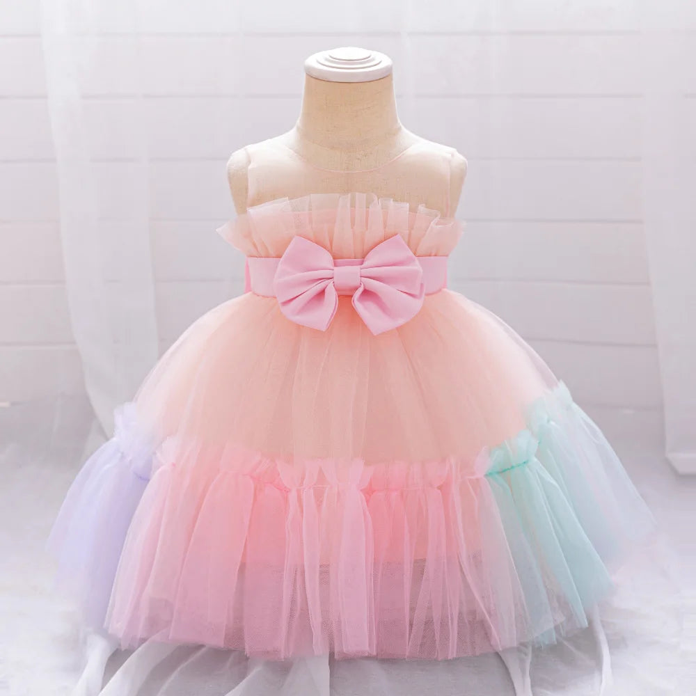 Pink Big Bow Party Baptism Baby Girl Dress Toddler Flower Wedding Bridesmaids Dress for Girls Elegant 1st Birthday Prom Costumes