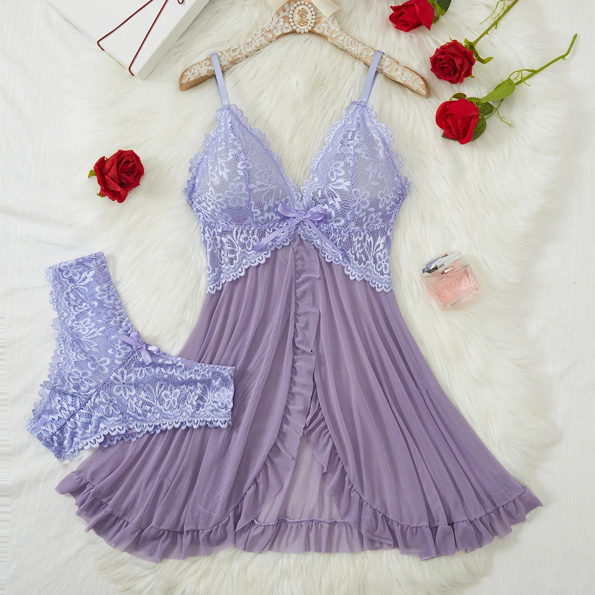 2-pcs sexy pink lace pajama set transparent split nightgown dress with underwear thin thong elegant women's pajamas