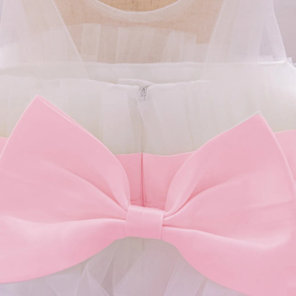 Pink Big Bow Party Baptism Baby Girl Dress Toddler Flower Wedding Bridesmaids Dress for Girls Elegant 1st Birthday Prom Costumes