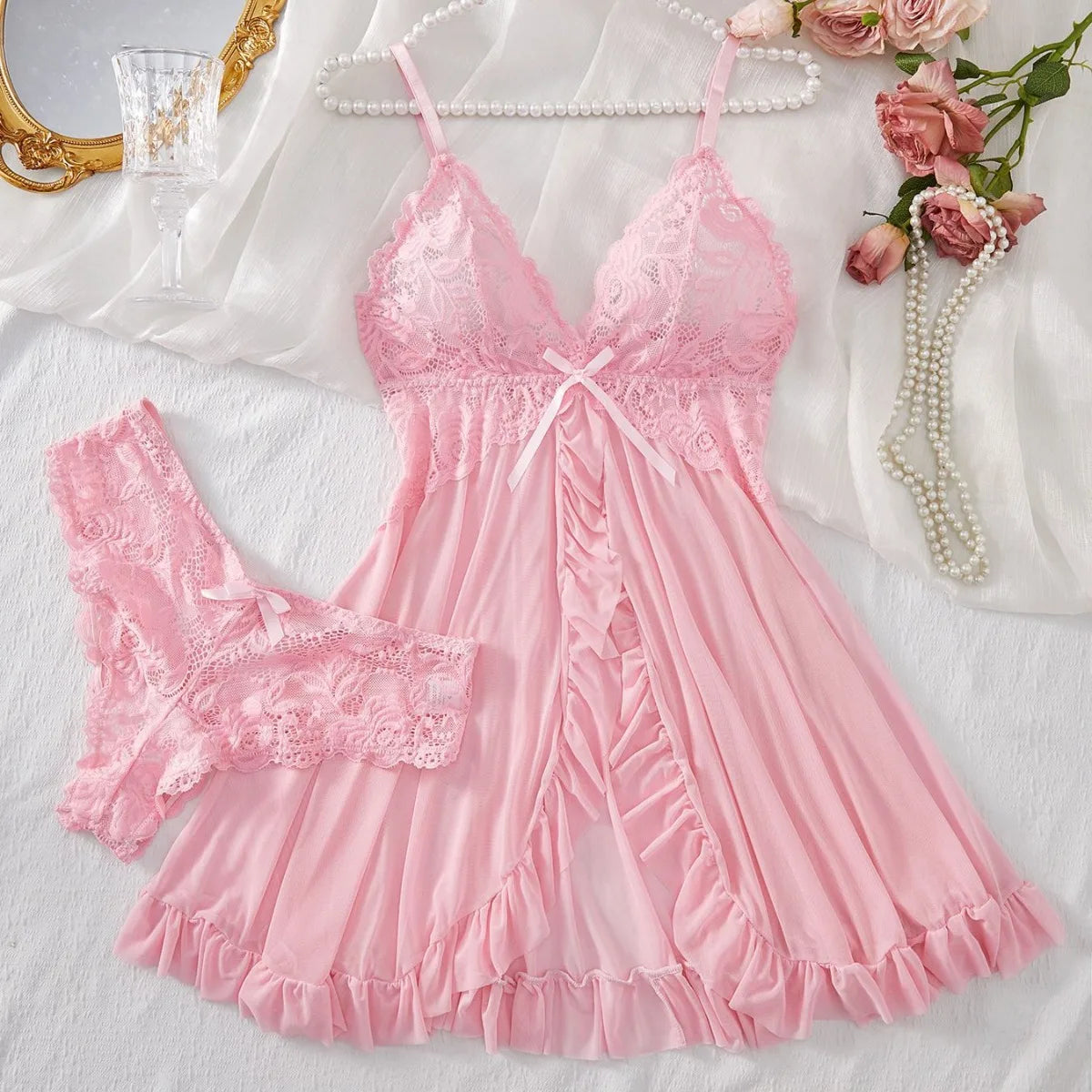 2-pcs sexy pink lace pajama set transparent split nightgown dress with underwear thin thong elegant women's pajamas