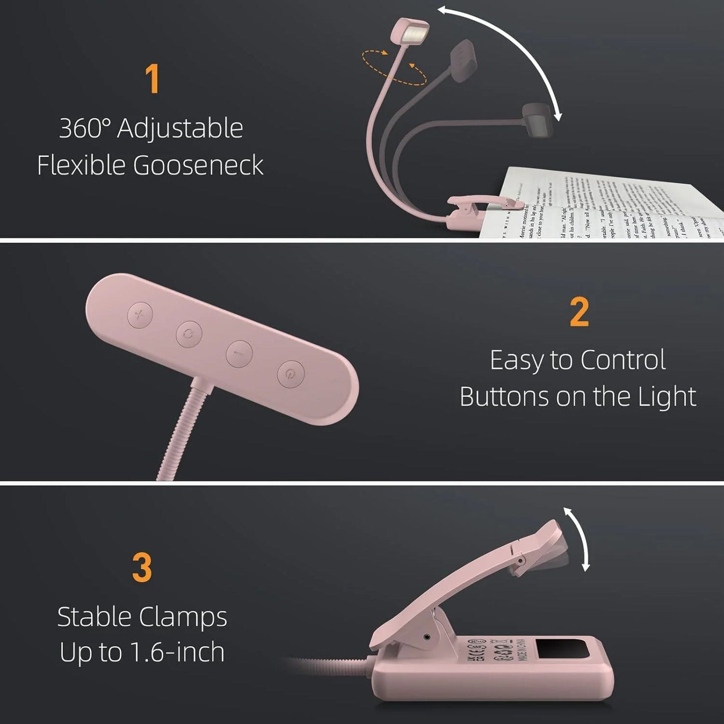 Pink Book Light 3Colors USB Rechargeable Reading Light Warm Cool White Daylight Portable Flexible Easy Clip Night Reading Lamp