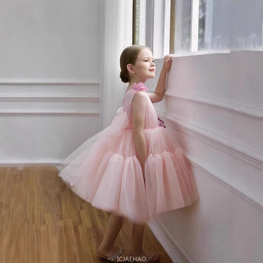 Princess Pink Off Shoulder Flower Girl Dress New Clothes Kids Piano Recital Pageant Gown 3D Floral Wedding Birthday Party Outfit