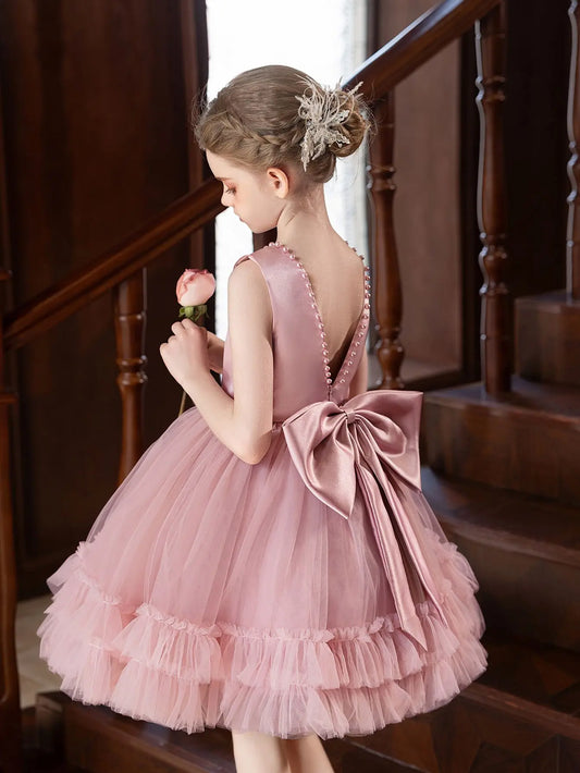Pink Cake-themed Dress for Girls Featuring a Short Skirt with Large Bow Pompon Gauze for Birthday Party