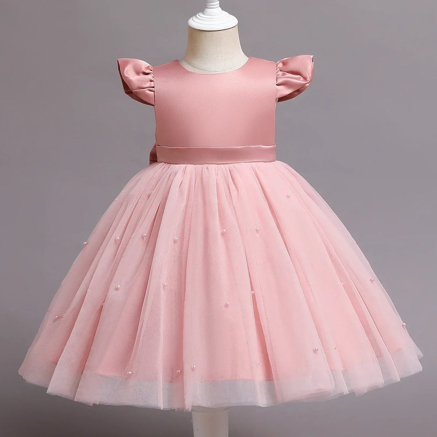Pink Flower Girl Dresses Cute Bow Short Sleeve Princess Dresses for Formal Wedding Kid Birthday Party Banquet Elegant Girls Gown