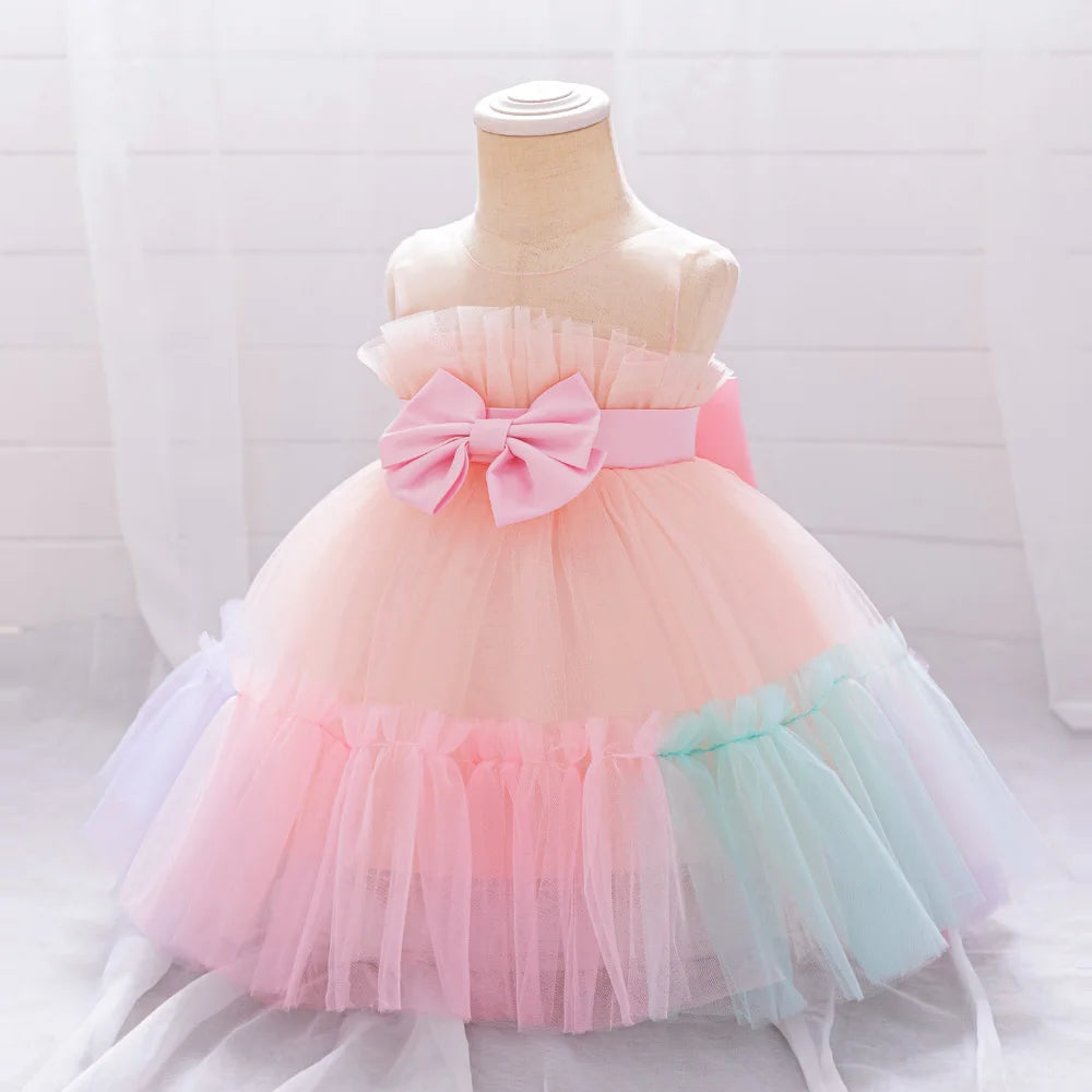 Pink Big Bow Party Baptism Baby Girl Dress Toddler Flower Wedding Bridesmaids Dress for Girls Elegant 1st Birthday Prom Costumes