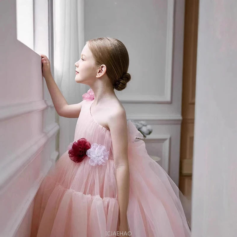 Princess Pink Off Shoulder Flower Girl Dress New Clothes Kids Piano Recital Pageant Gown 3D Floral Wedding Birthday Party Outfit