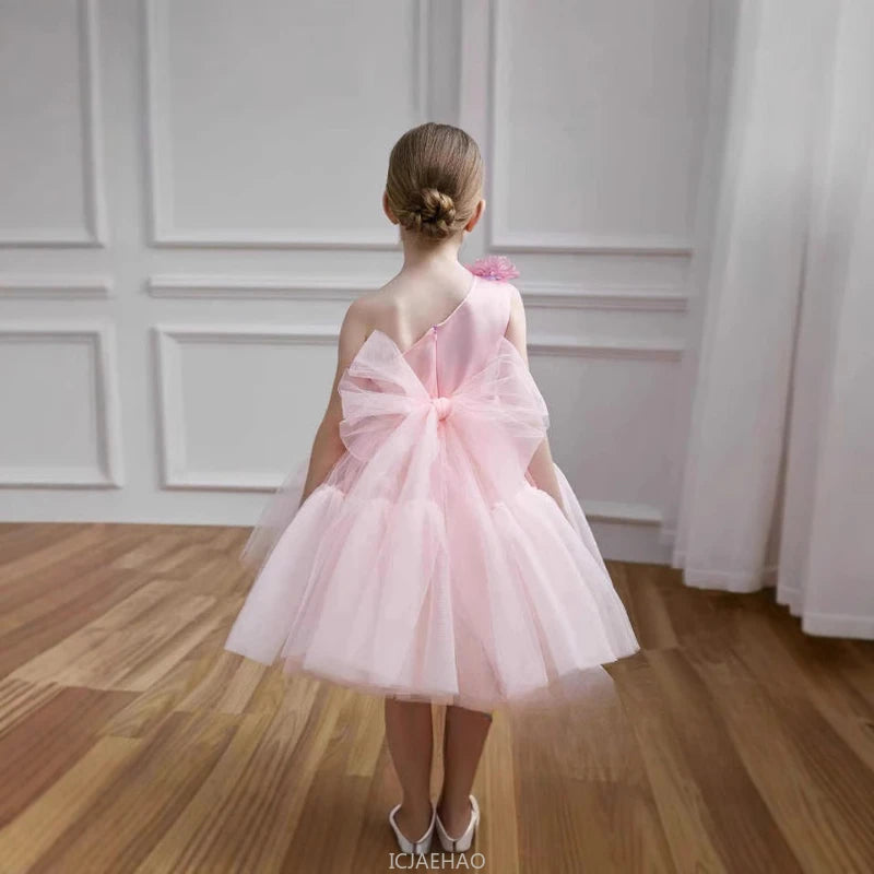 Princess Pink Off Shoulder Flower Girl Dress New Clothes Kids Piano Recital Pageant Gown 3D Floral Wedding Birthday Party Outfit