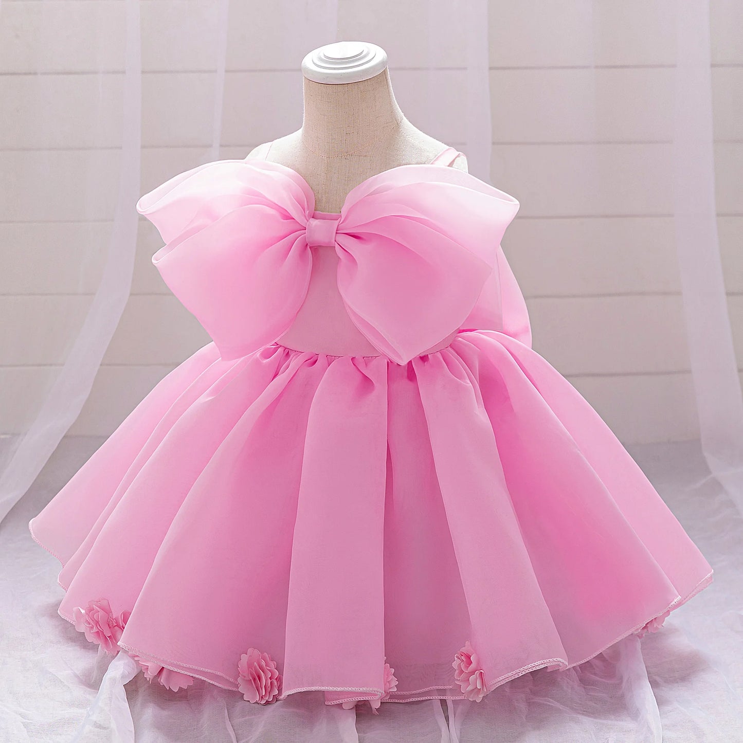 Pink Big Bow Party Baptism Baby Girl Dress Toddler Flower Wedding Bridesmaids Dress for Girls Elegant 1st Birthday Prom Costumes
