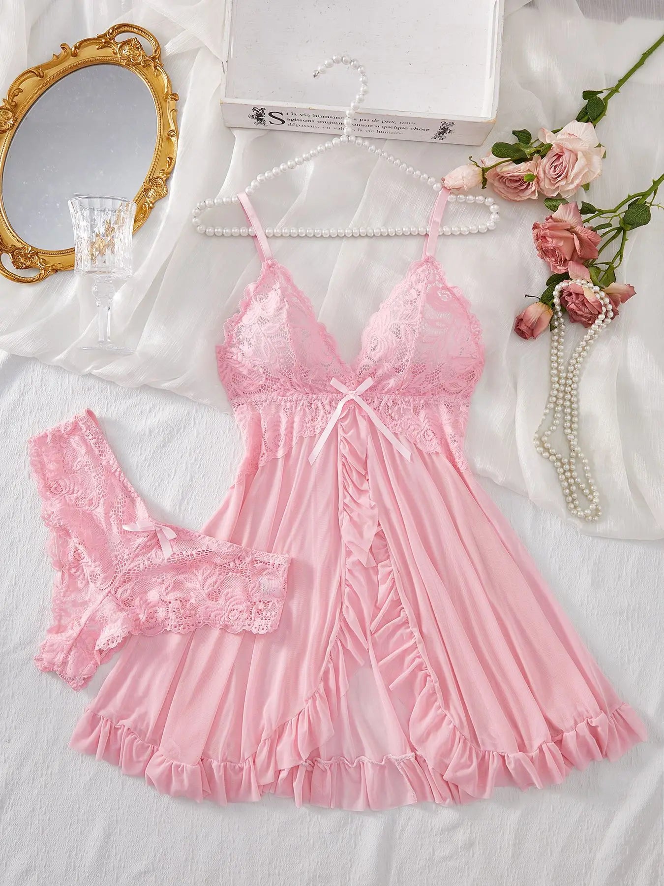 2-pcs sexy pink lace pajama set transparent split nightgown dress with underwear thin thong elegant women's pajamas