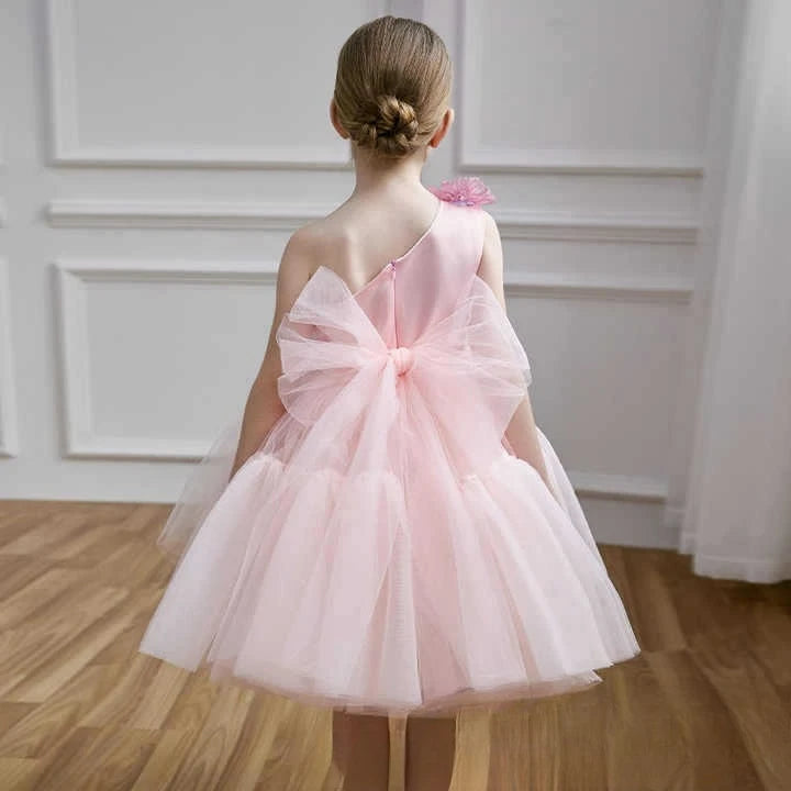 Princess Pink Off Shoulder Flower Girl Dress New Clothes Kids Piano Recital Pageant Gown 3D Floral Wedding Birthday Party Outfit