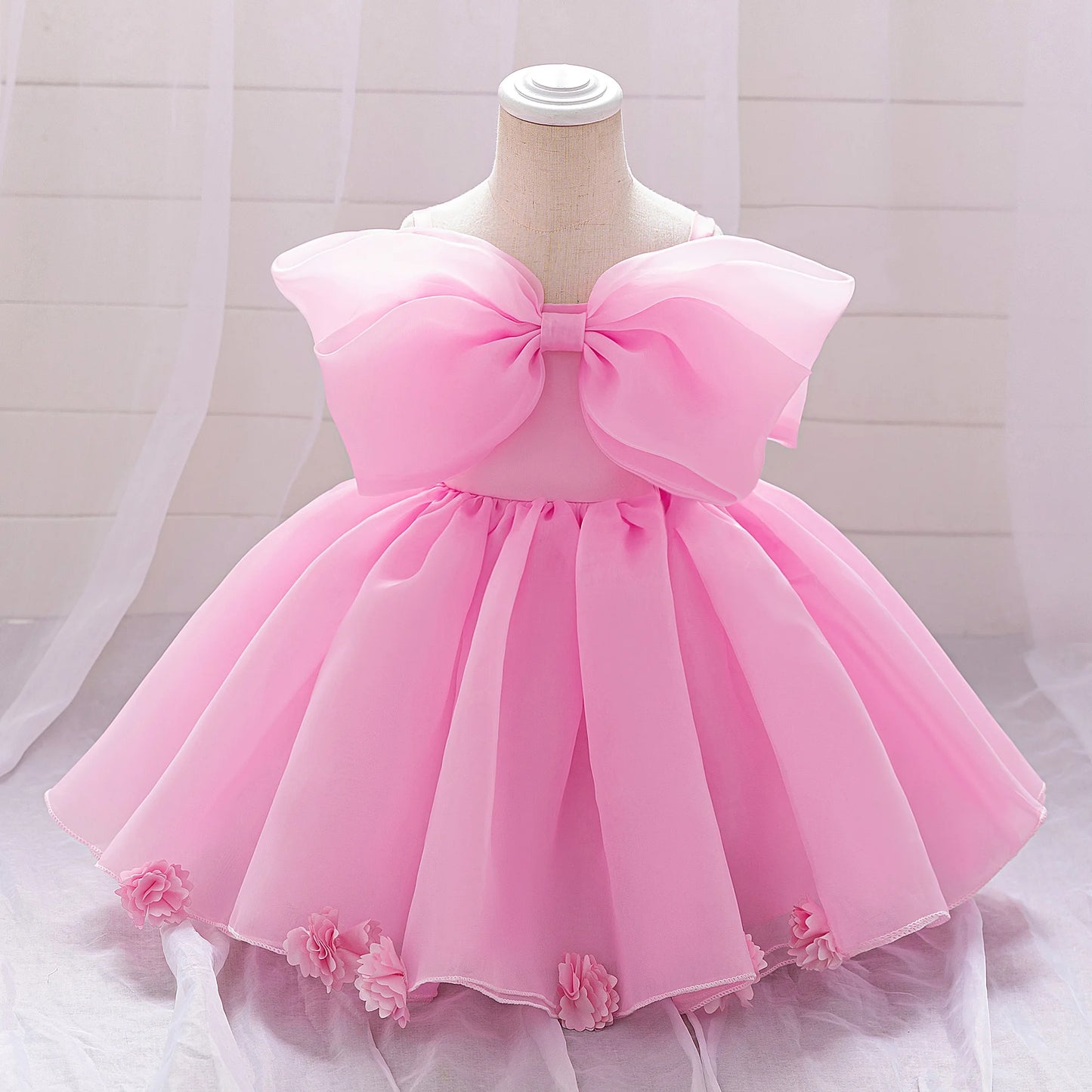 Pink Big Bow Party Baptism Baby Girl Dress Toddler Flower Wedding Bridesmaids Dress for Girls Elegant 1st Birthday Prom Costumes