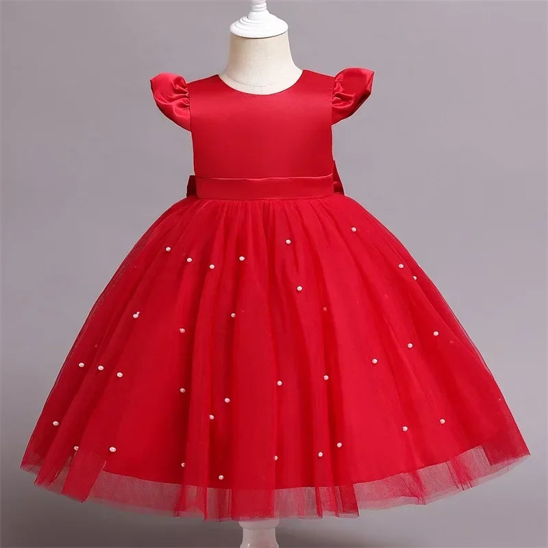 Pink Flower Girl Dresses Cute Bow Short Sleeve Princess Dresses for Formal Wedding Kid Birthday Party Banquet Elegant Girls Gown