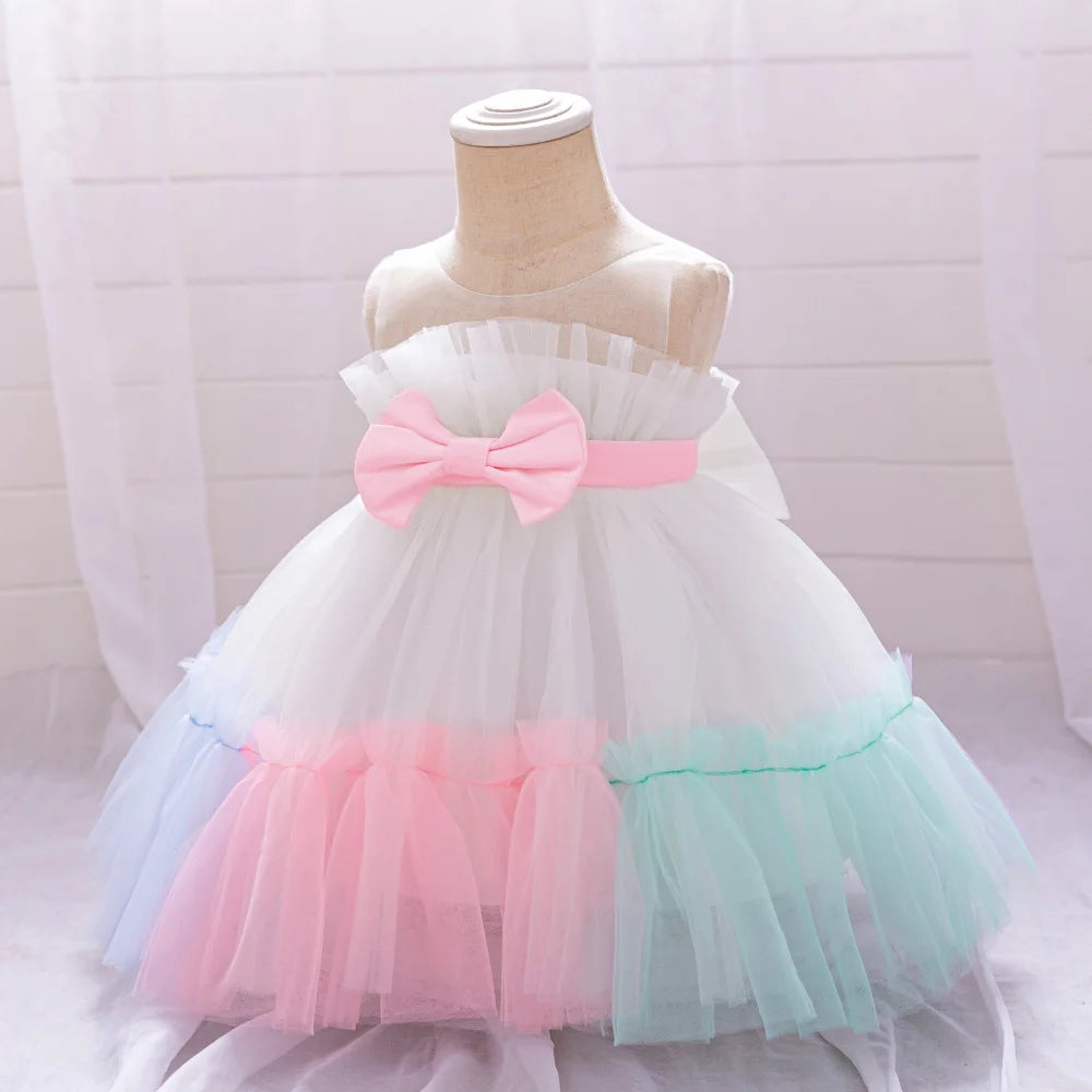 Pink Big Bow Party Baptism Baby Girl Dress Toddler Flower Wedding Bridesmaids Dress for Girls Elegant 1st Birthday Prom Costumes