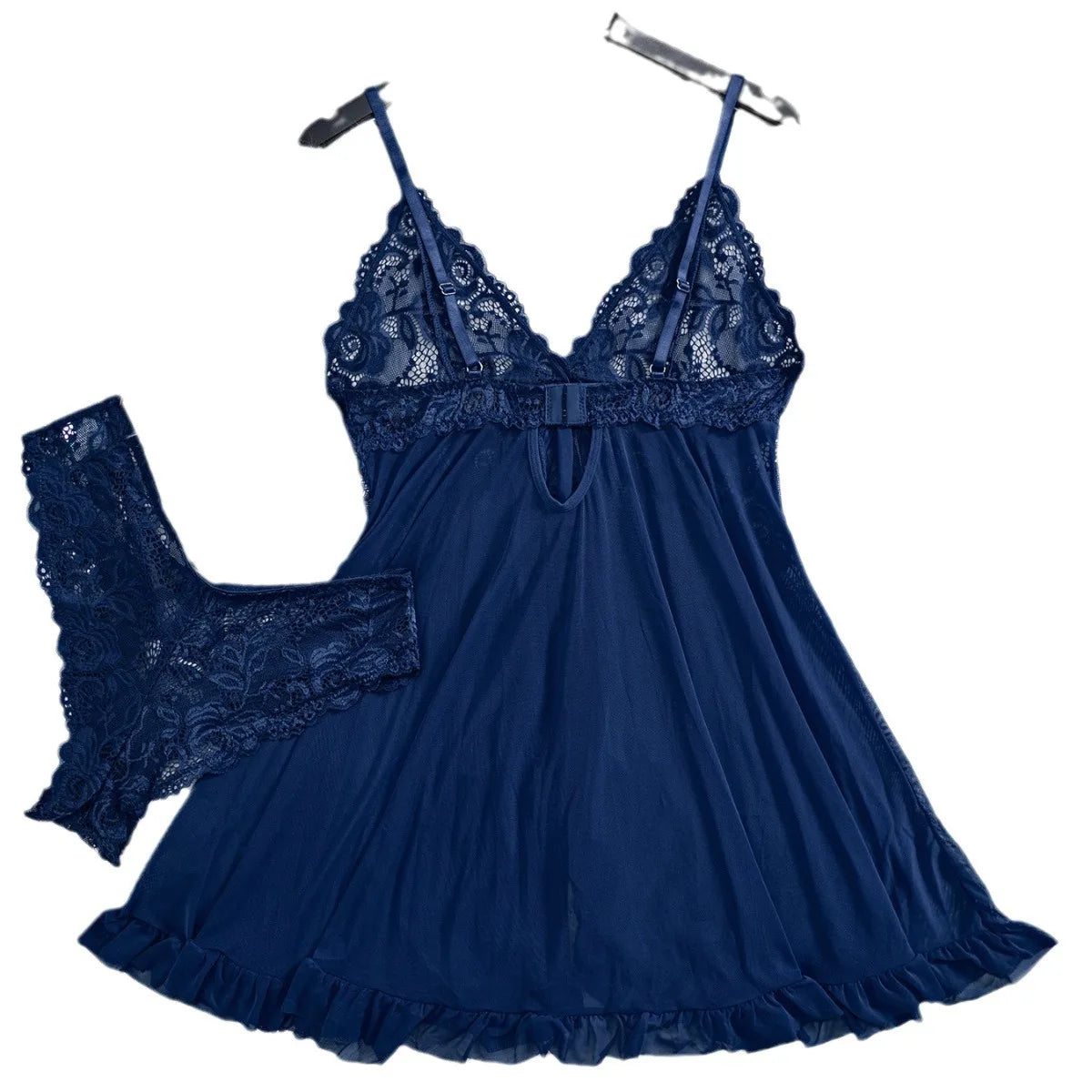 2-pcs sexy pink lace pajama set transparent split nightgown dress with underwear thin thong elegant women's pajamas