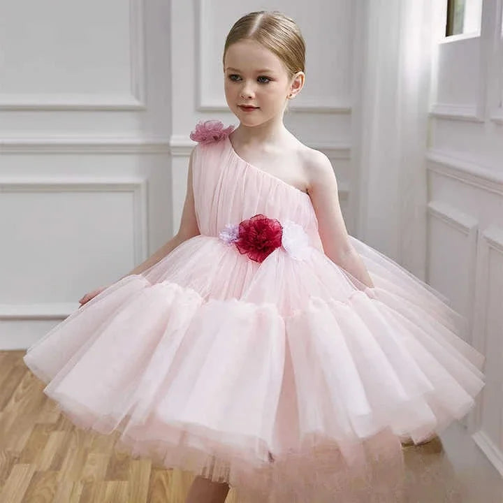 Princess Pink Off Shoulder Flower Girl Dress New Clothes Kids Piano Recital Pageant Gown 3D Floral Wedding Birthday Party Outfit