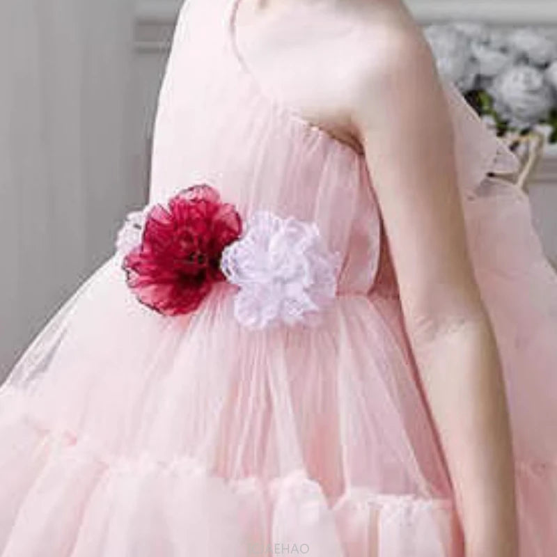 Princess Pink Off Shoulder Flower Girl Dress New Clothes Kids Piano Recital Pageant Gown 3D Floral Wedding Birthday Party Outfit