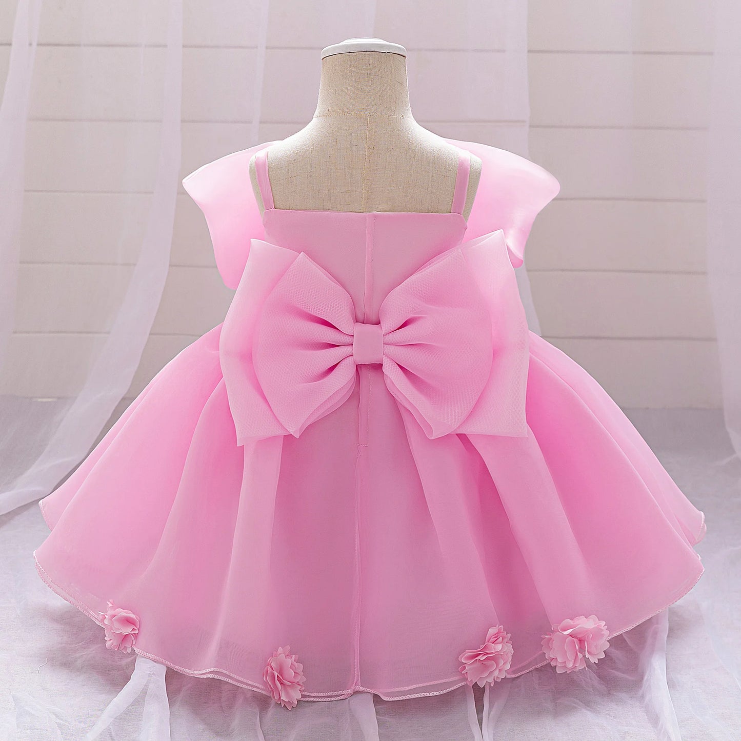 Pink Big Bow Party Baptism Baby Girl Dress Toddler Flower Wedding Bridesmaids Dress for Girls Elegant 1st Birthday Prom Costumes