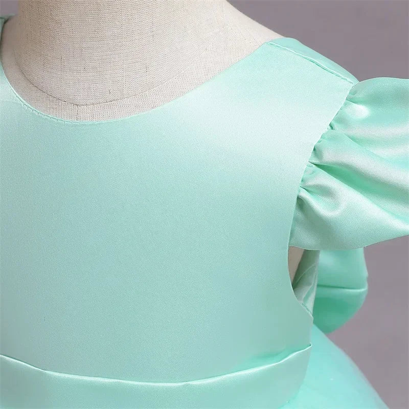Pink Flower Girl Dresses Cute Bow Short Sleeve Princess Dresses for Formal Wedding Kid Birthday Party Banquet Elegant Girls Gown