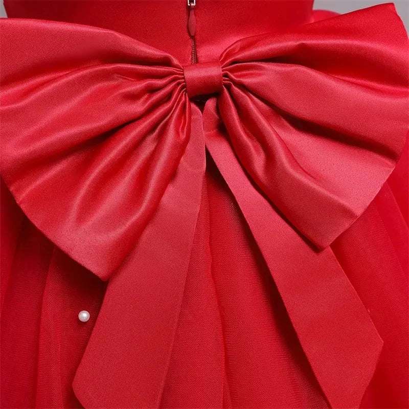 Pink Flower Girl Dresses Cute Bow Short Sleeve Princess Dresses for Formal Wedding Kid Birthday Party Banquet Elegant Girls Gown