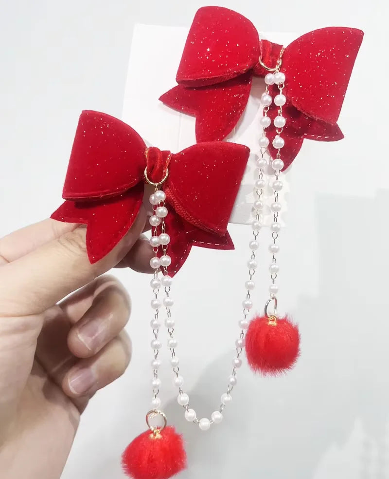 Sweet Princess Style Pink Pearls Chain Bow Hair Clip Women Children's Cute Back Head Hairpins Hair Clips Girls Hair Accessories