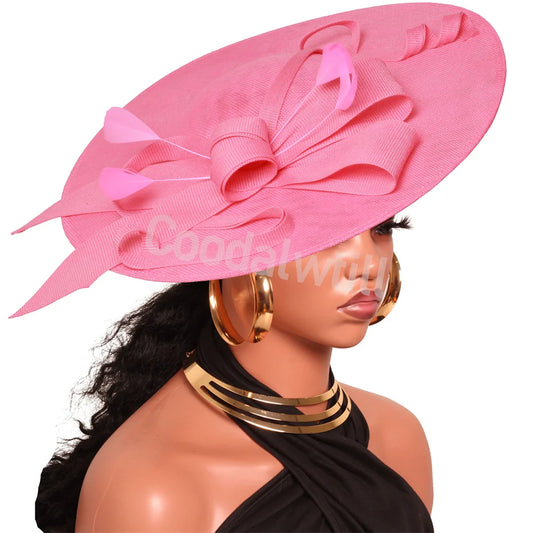 Pink Derby Big Fascinator Hat Headband Bride Large Wedding Headpiece Elegant Women Church Race Millinery Cap Cocktail Chapeau