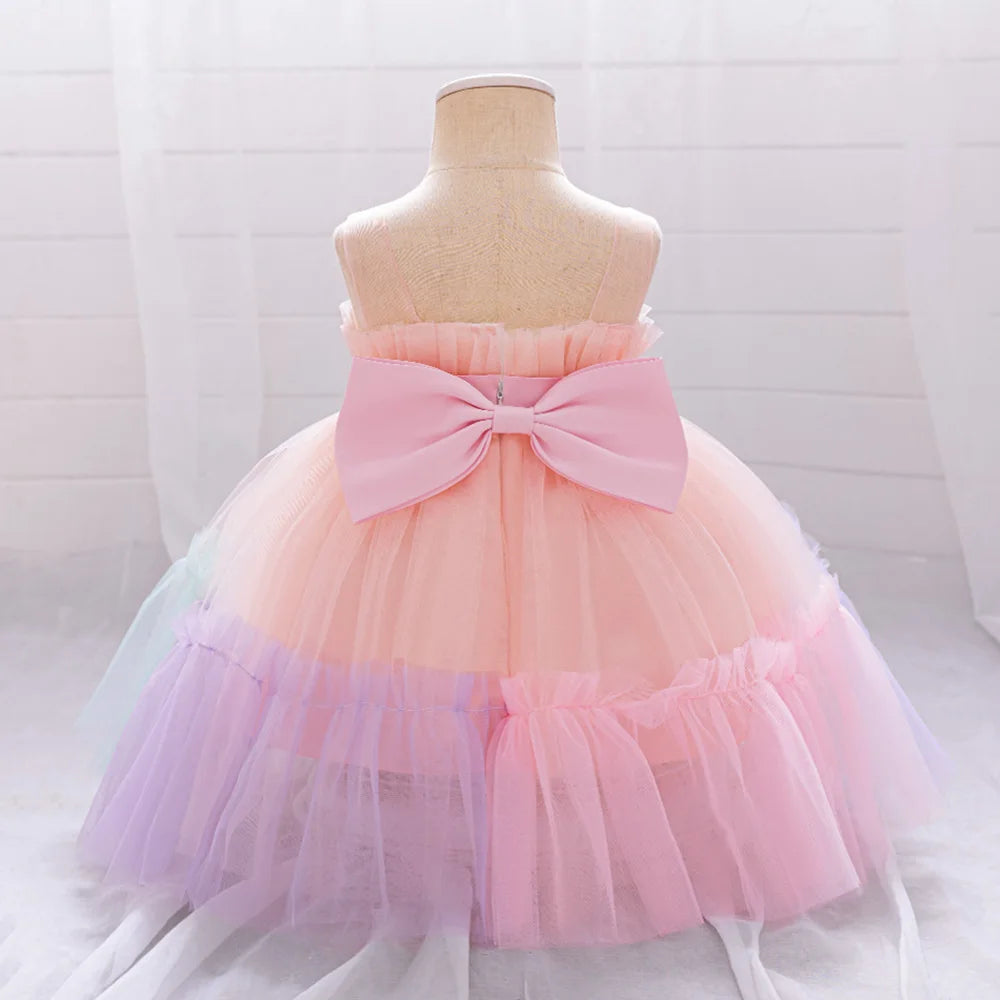 Pink Big Bow Party Baptism Baby Girl Dress Toddler Flower Wedding Bridesmaids Dress for Girls Elegant 1st Birthday Prom Costumes