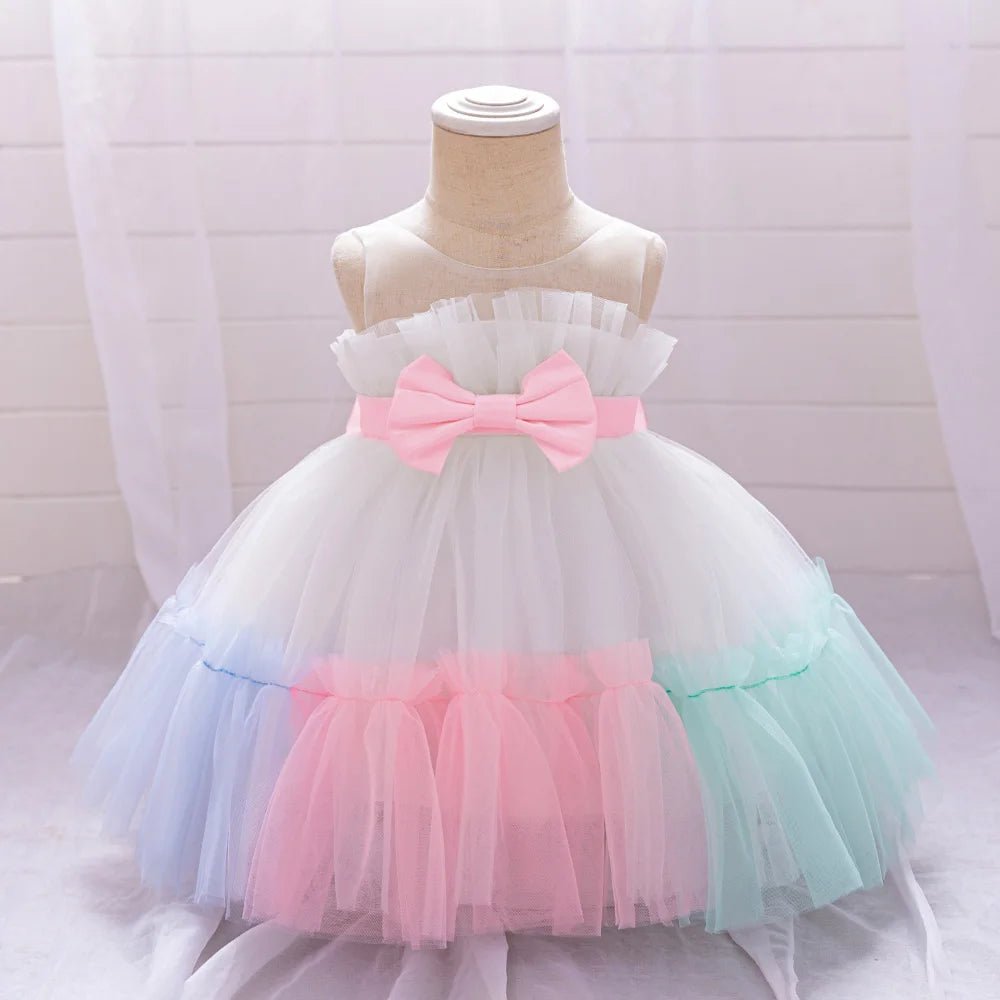 Pink Big Bow Party Baptism Baby Girl Dress Toddler Flower Wedding Bridesmaids Dress for Girls Elegant 1st Birthday Prom Costumes