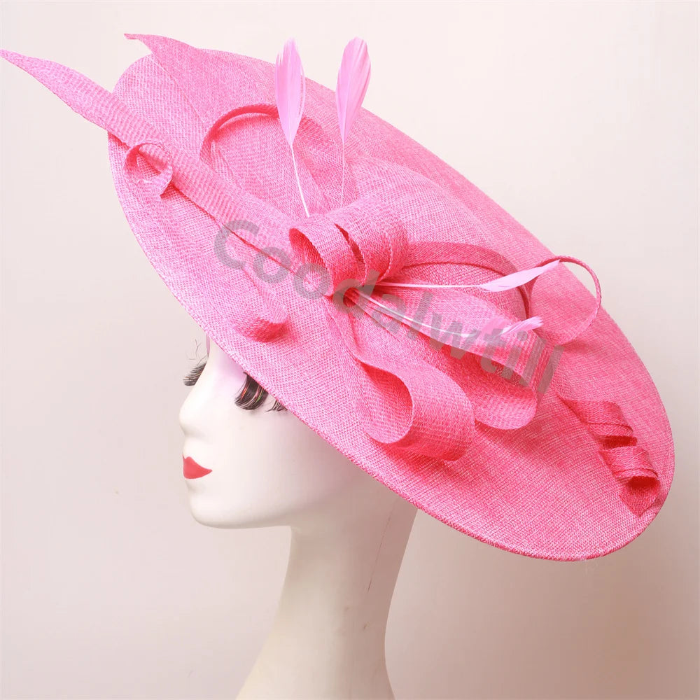 Pink Derby Big Fascinator Hat Headband Bride Large Wedding Headpiece Elegant Women Church Race Millinery Cap Cocktail Chapeau