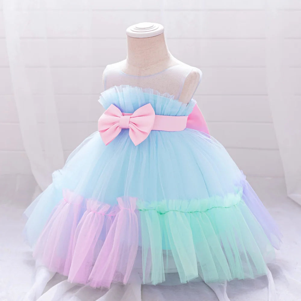 Pink Big Bow Party Baptism Baby Girl Dress Toddler Flower Wedding Bridesmaids Dress for Girls Elegant 1st Birthday Prom Costumes
